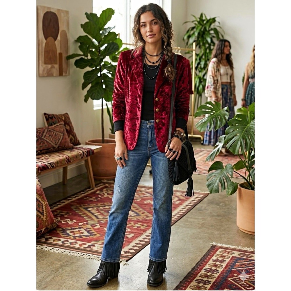 Vintage Red Velvet Jacket Long Sleeve Solid Sz L #indie #whimsygoth #boho